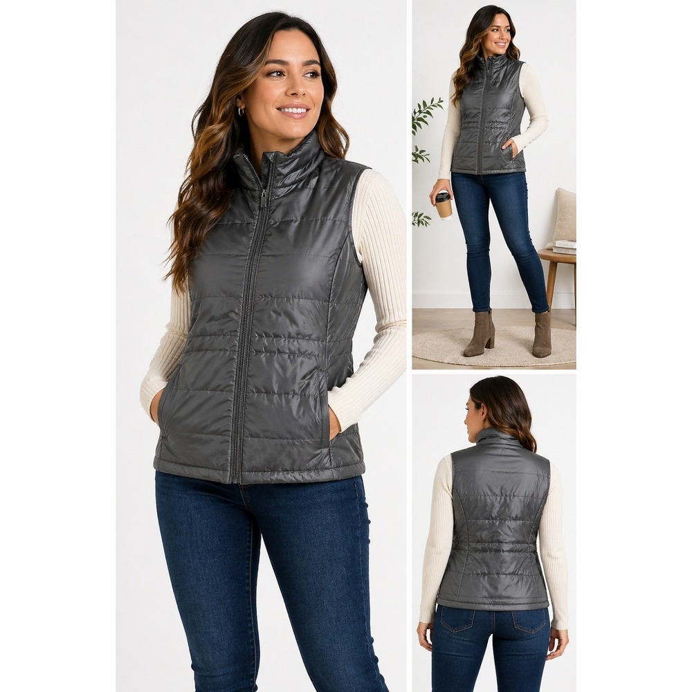 Jones New York Signature Womens Puffer Vest Quilted Zip Up Charcoal Gray M